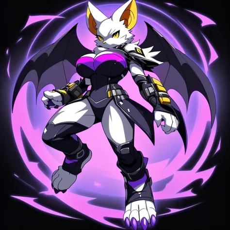 Anime, ((anime style)), ((solo)), ((solo picture)), alone, simple shading, ((action pose)), ((full body picture)), ((plush build)), ((wearing a stylized black outfit with dark purple trim:1.3)), ((neon highlights on outfit)), ((purple chest armor:1.2)), ((...