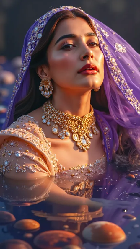 A celestial woman drifts in a zero-gravity space ocean, her body wrapped in an endless veil that glows like woven stardust. The fabric flowing infinitely around her, shifting between deep nebula purples and radiant golden hues. Her long, dark hair intertwi...