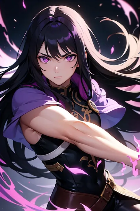 Soft Warrior of the mind male long black hair purple eyes warrior outfit