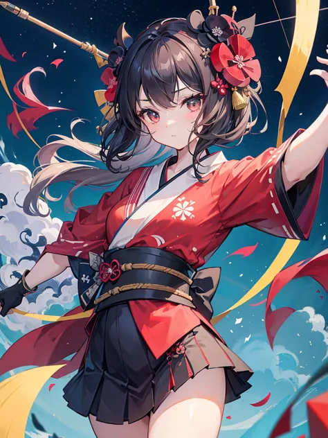 {{Department _style}},{_color star piece}}},{Katsushika_Hokusai},length_hair,hair_flower,{{negro_hair}},red__quality}}}, kimono,{{Super Detail}},{{ 1 girl }},{{{alone}}},There was a girl with a Bow and Arrow in her hand., Archer Girl , With a Bow and Arrow...