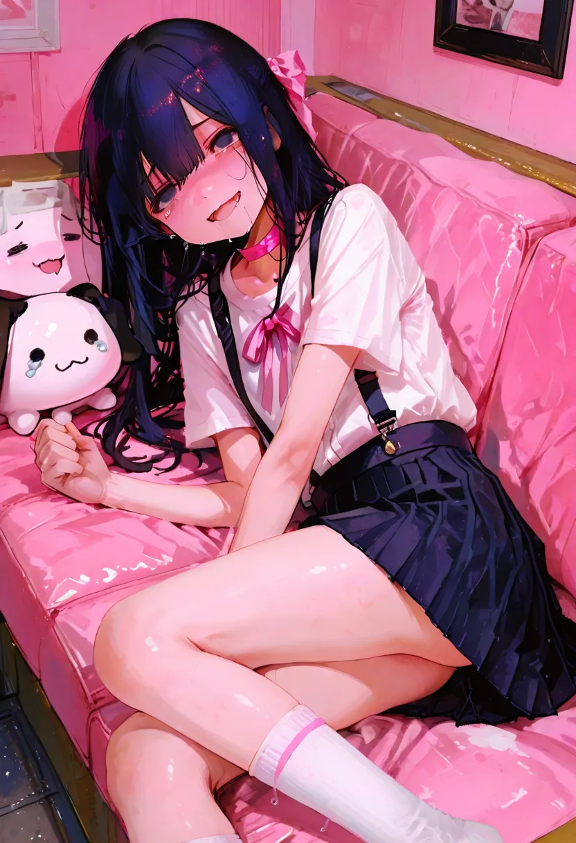   (elementary school student )  , cute ,pink haze , [drool], sexual pleasure , hard ecstasy, absently mindless, skinny body,[short thighs ], [short legs], tears, looking at the viewer, white shirt, dark blue suspenders , rolling up dark pleated_skirt,rubbi...