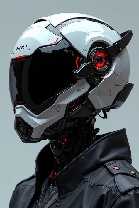 Create a highly detailed and imaginative image of a futuristic motorbike helmet that embodies advanced technology and innovative design. The helmet should feature a sleek, aerodynamic shape with smooth curves and sharp angles, emphasizing its modern aesthe...