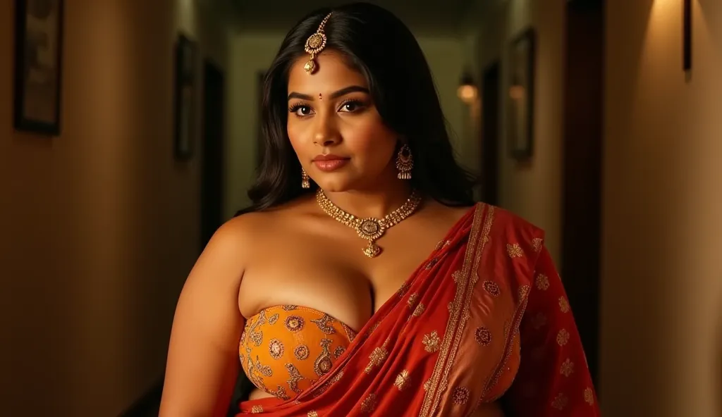 Indian chubby model, Indian outfit (salwar), sexy, breast size large, cleavage, night time, backlight (1.2), bold looks, seductive expression, cinematic, realistic#Character
#Realistic
#Breasts
#Western Realism 