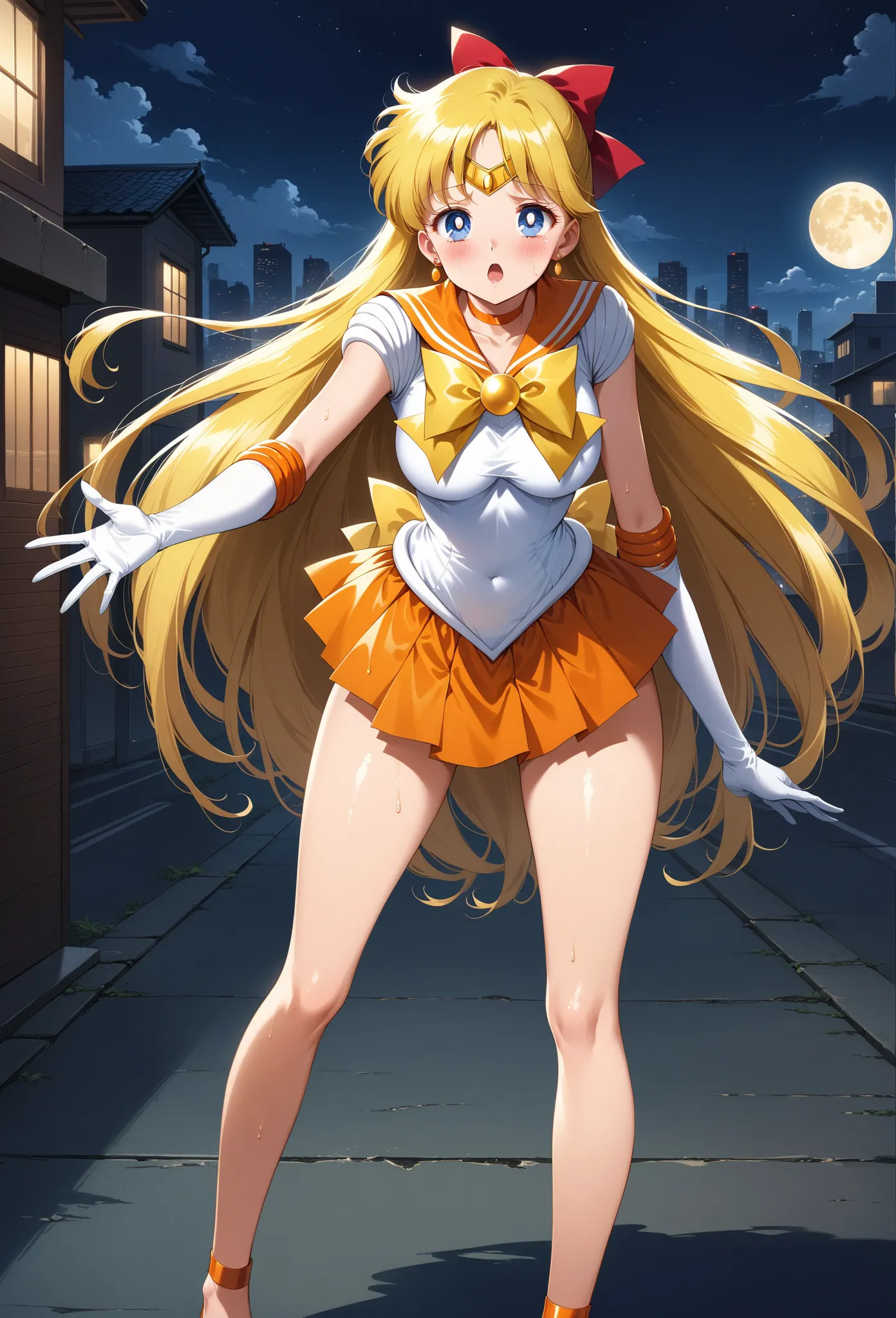 (masterpiece, best quality, very aesthetic, Super Detail), complicated details, 4K, full body、in awe, long hair, blonde hair, hair bow, tiara, earrings, blue eyes,  orange choker, orange sailor necklace,  , white shirt, Shiny Costume、whole body wet、  elbow...