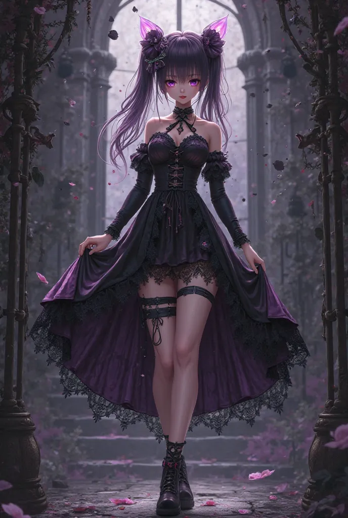 Gothic anime-style femboy with wide hips and thighs wearing a skirt that is a male femboy