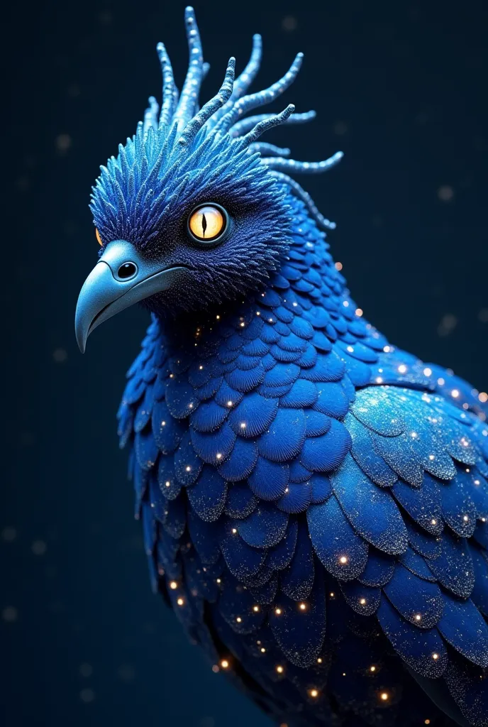  A majestic bird with shimmering, iridescent feathers that shift between deep sapphire blue and silver, resembling a night sky filled with swirling galaxies. Its large, luminous eyes glow like twin moons, reflecting the past and future simultaneously. The ...