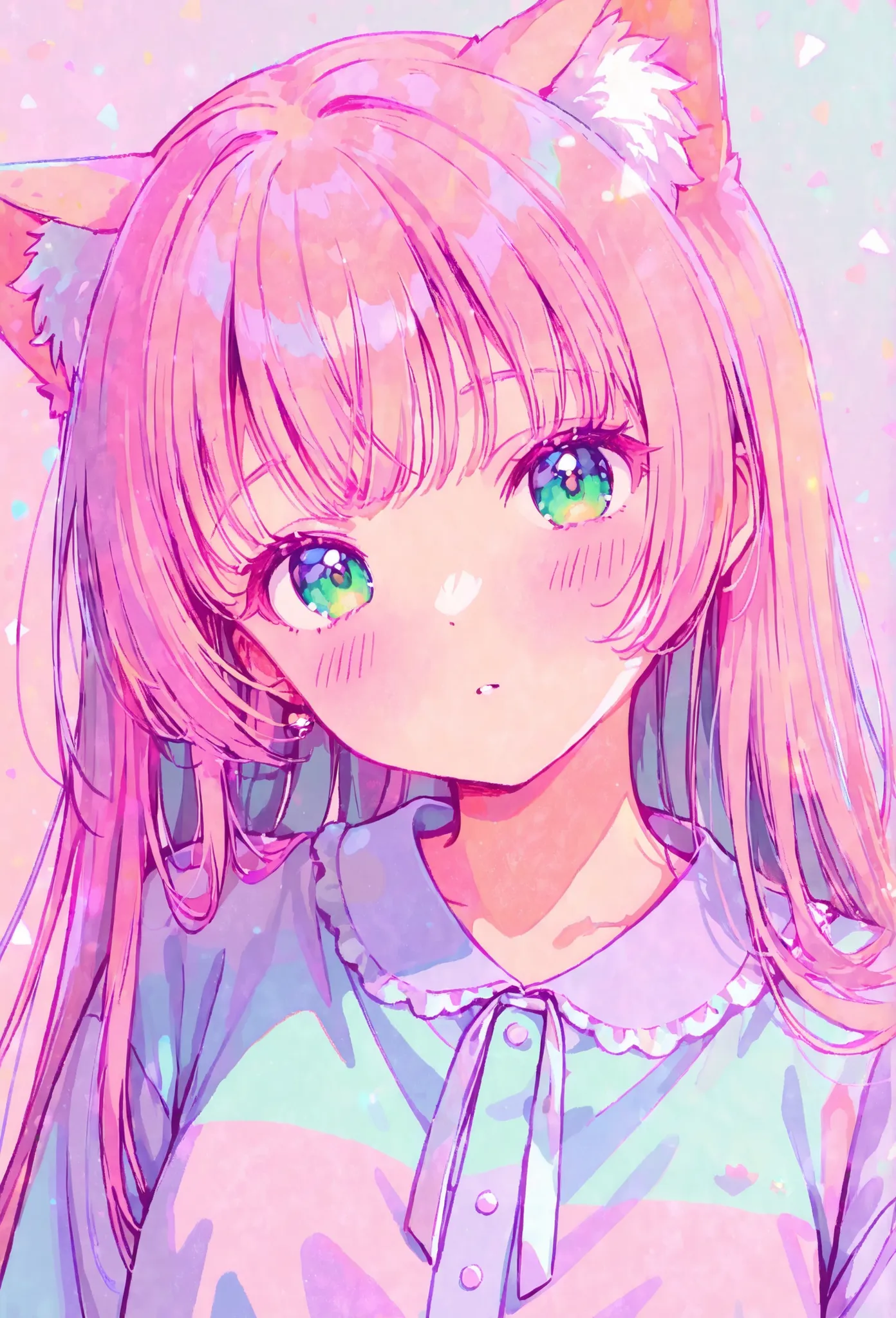 random hot and busty korean catgirl, cat ears, pastel color palette, no background, pastel background, colorful background, 