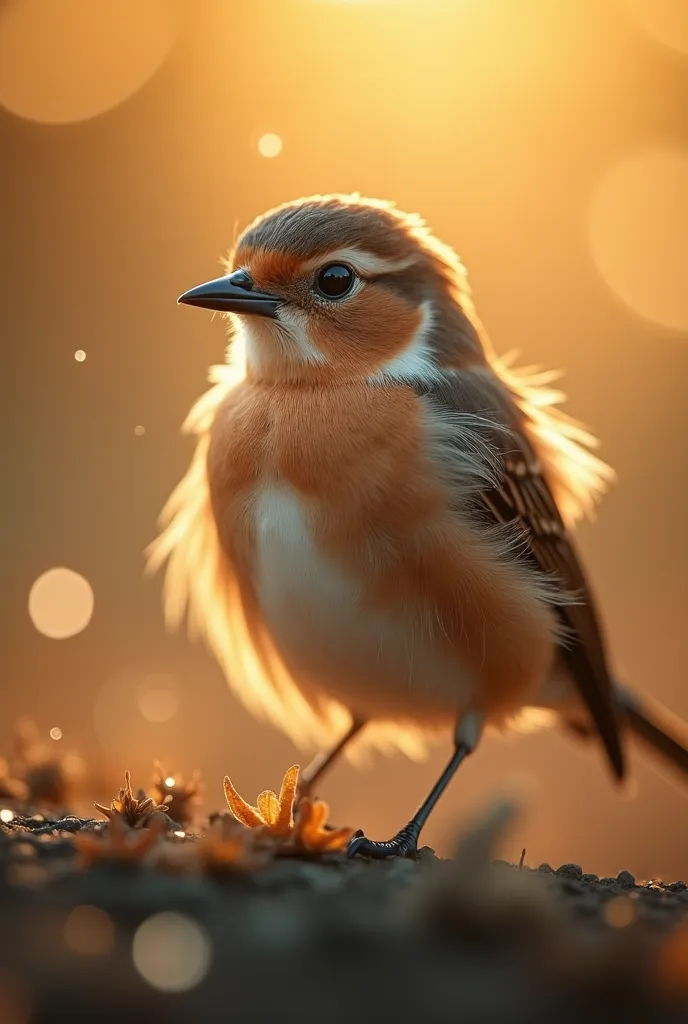 A mesmerizing close-up portrait of a beautiful little bird illuminated by the soft golden light of a quiet morning, with vibrant bokeh balls gently framing her delicate shape.