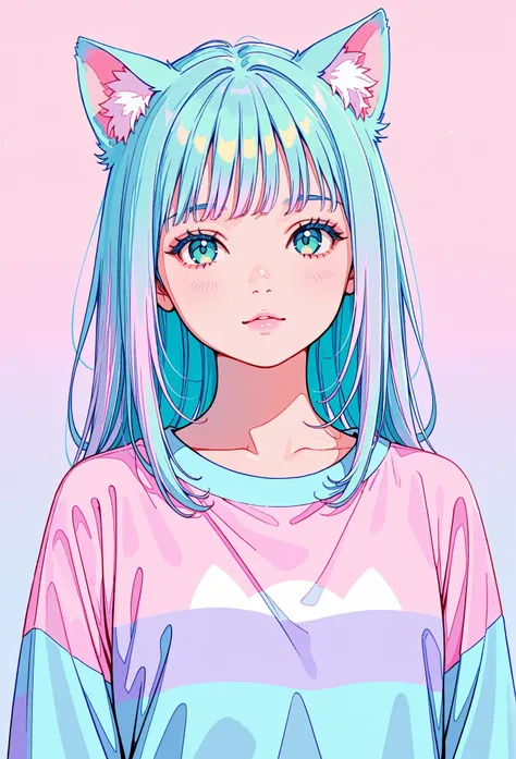 random hot and busty korean catgirl, cat ears, pastel color palette, no background, pastel background, colorful background,
