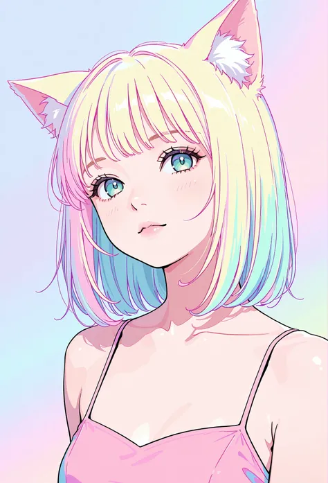 random hot and busty korean catgirl, cat ears, pastel color palette, no background, pastel background, colorful background,