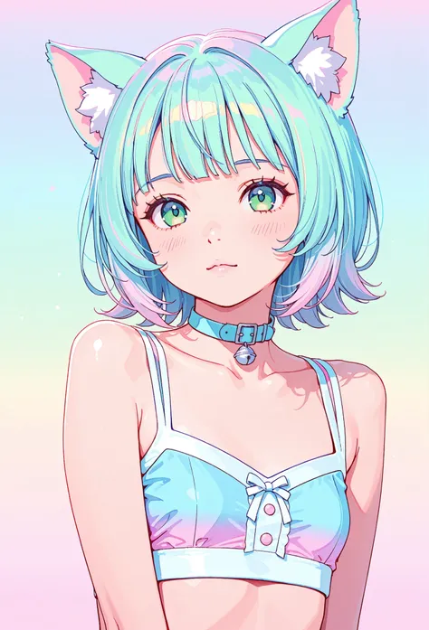 random hot and busty korean catgirl, cat ears, pastel color palette, no background, pastel background, colorful background,