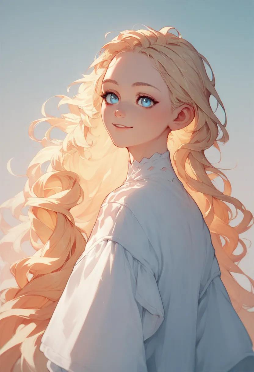 young blonde with her hair tied in ponytails, light blue eyes, WEARING slightly low-cut blue and white clothes, skin with pink details,  superpowers,  beautiful, big and beautiful smile, slightly loose hair, very long hair   