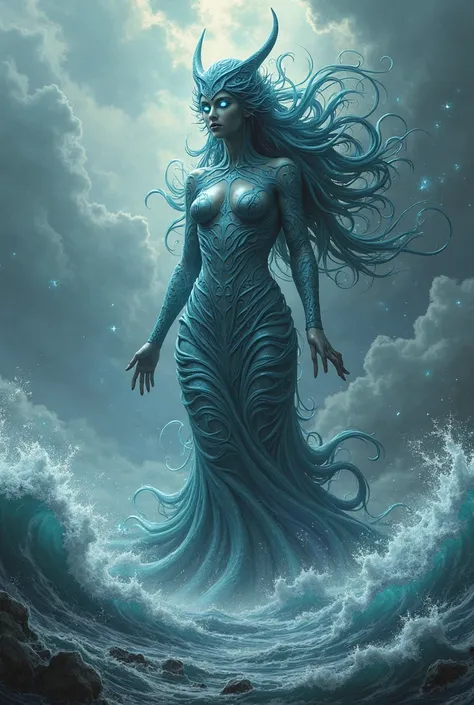 Majestic chthonic water goddess. Waves.  The Raging Sea.  darkness. they say. in detail. chaos. glow.  Skyrim . Goddess Ishtar. 