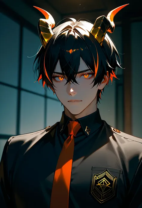 1 male, black hair with gold highlights, dragon horns, gentle face, orange eyes, wearing a black academy school uniform.