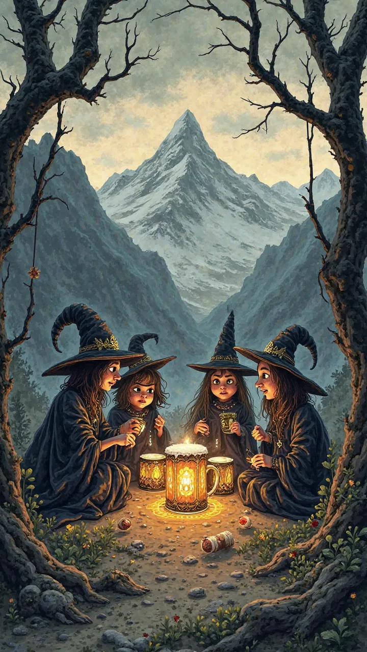 crazy witch　Beer Mugs　 ink painting　in the mountains