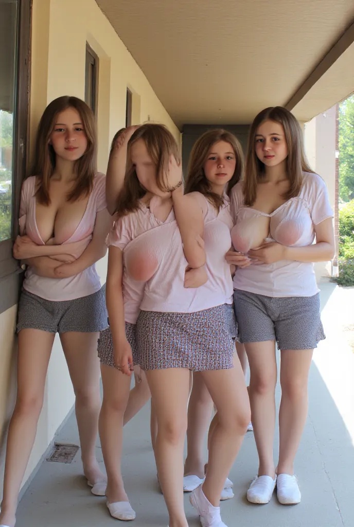 Front photo of five  schoolgirls standing at school wearing school uniforms. Girls looking at the camera, short uniforms, Oval, showing breasts, with short skirts, beautiful,  tender, big cleavage, slender small bodies 