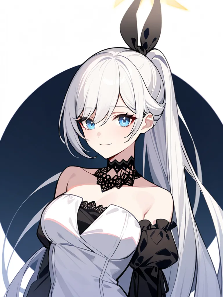 1 girl, Honkai Impact 3rd, ทรง ponytail, smilevery long hair,  white hair, breasts,Blue eyes, smile,black and white dress, Puffy arms  , lace collar  ,  ponytail , Long hair tied up , miniskirt  ,  blouse open shoulders  , Young woman ,  looks at the viewe...