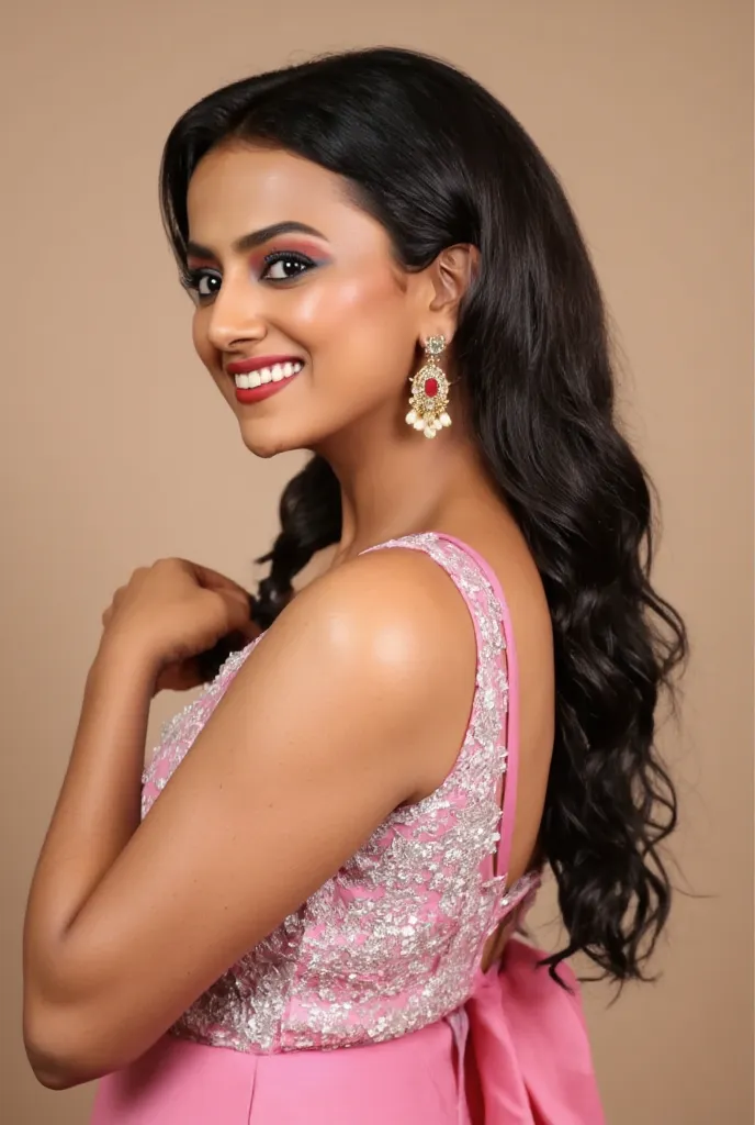 6'3" pretty brown South Indian woman with two long ponytails wearing a pink lolita dress, smiling at the camera and playing with her hair, brick wall background, full body shot