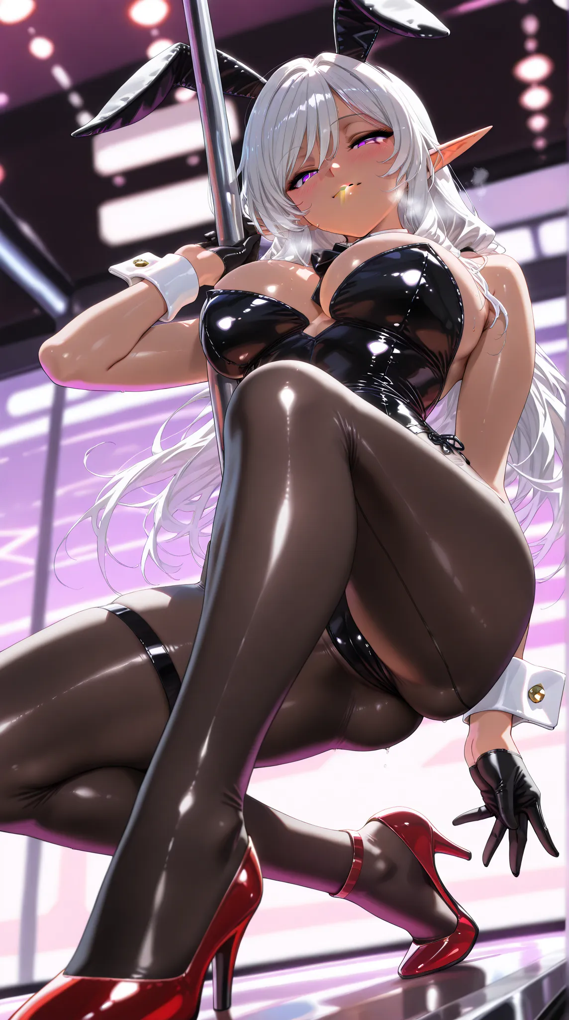 (Unbelievable high resolution, masterpiece, highest quality, highly detailed, 8K, CG, high quality anime picture), Mature beautiful seductive dark elf woman, solo, (Playboy bunny, latex strapless black leotard, rabbit ears, black gloves, cuffs, body stocki...