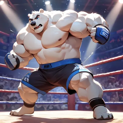 huge muscular polar bear in fighting arena, big hulking fight, grunting noise, polar bear, huge white fur, thick arm, huge arm, added thick colored gray mustache, added thick colored grey beard. Short white hair, (veiny muscular, pectoral, wide pectoral, t...