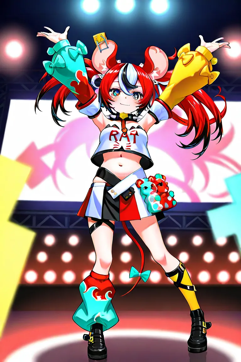 Hakos Baelz, 1 girl, animal ears, mouse ears, tail, red hair, colorful hair, mouse tail, collar, spikes, black footwear, skirt, white hair, black hair, solo, spiked collar, tail ribbon, pigtails, belly button, blue eyes, striped hair, on stage, live stage,...