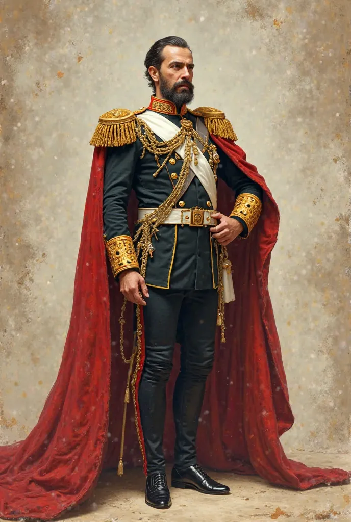 I'm going to generate a full body image of Maximilian of Habsburg,  Emperor of Mexico. I'll illustrate it with its 19th century imperial dress, including its characteristic military uniform, roads, and the presidential band.