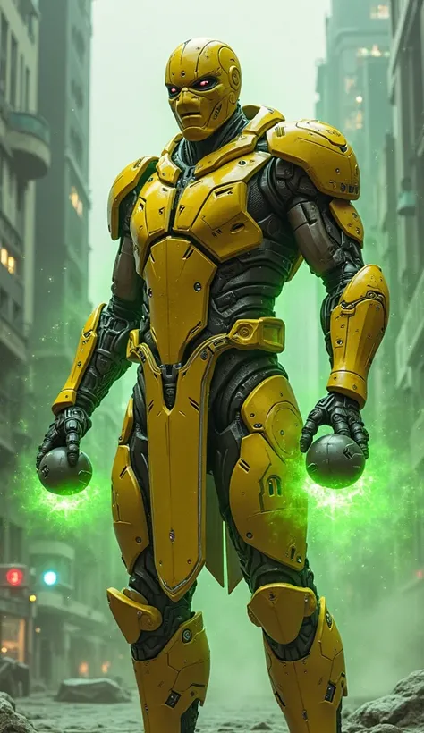 Xirax man from Mortal Kombat yellow robot style futuristic ninja style with round bombs in his hands looking down ,Angry with a green aura around in France 