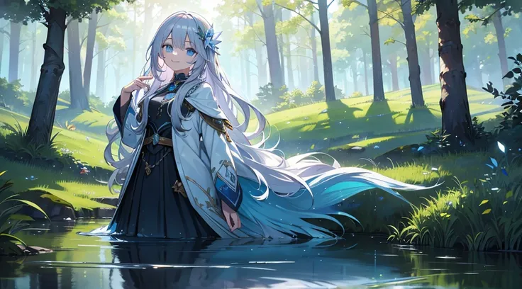 Masterpiece, highest quality, detailed drawing.
Girl, solo, silver hair, long hair, blue eyes, beautiful, smiling.
Springtime, forest, lake, spiritual awakening, release, glimmer.