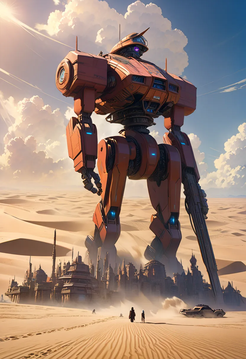  There is a picture depicting a futuristic city and a giant robot head, Jodorowsky&#39;s『Sand dunes』, Very detailed matte painting,  Peter Glick and Dan Mumford,  Complex Matte Paint , Jodorowsky&#39;s『Sand dunes』 movie, , Jean Giraud 8k, Ultra-detailed Ma...