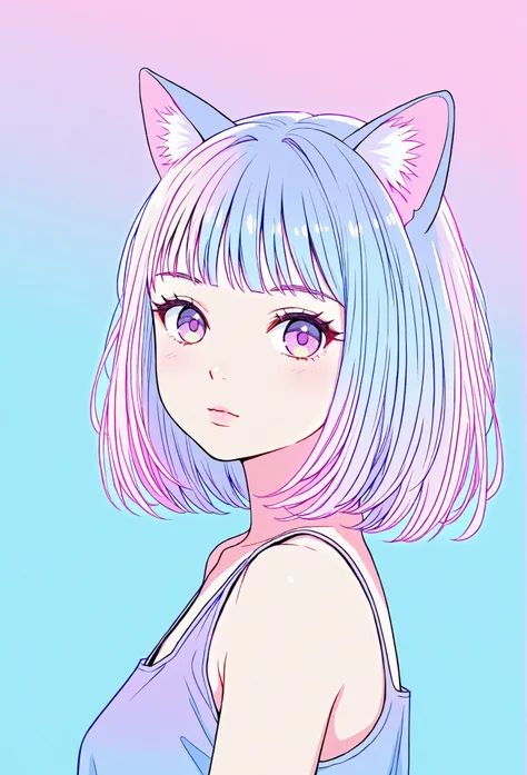 random hot and busty korean catgirl, cat ears, pastel color palette, no background, pastel background, colorful background,