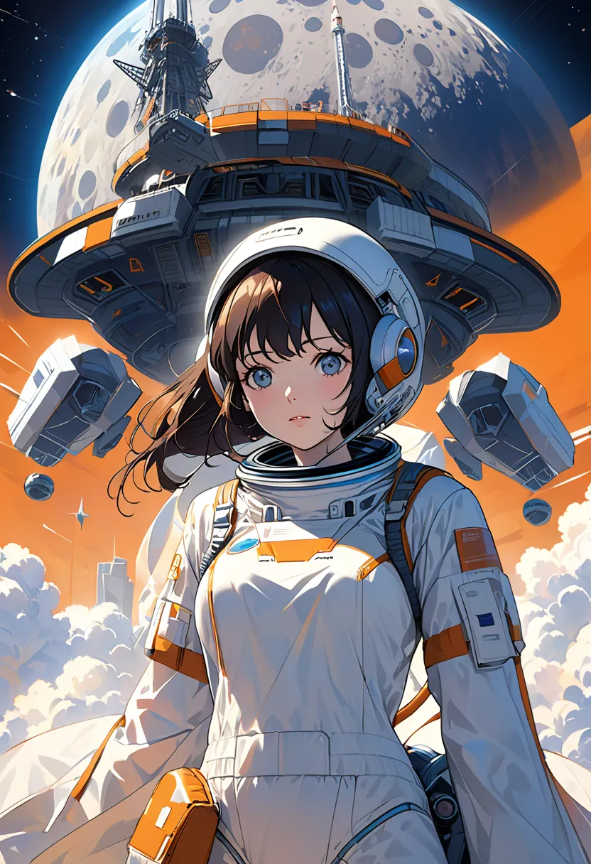  Arafed image of a woman in a futuristic suit with a spaceship in the background, Cinema art, in front of an orange background, spaceship {x} inspired by Robert McGinnis,  Female Protagonist,   giant structure in front of a  , portrait of an ai astronaut, ...