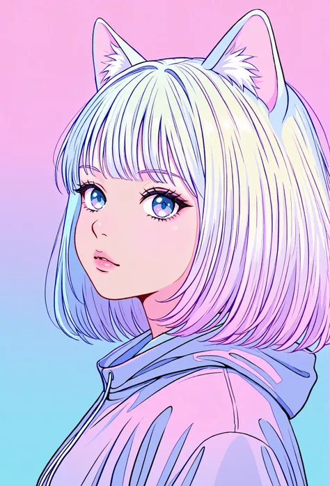 random hot and busty korean catgirl, cat ears, pastel color palette, no background, pastel background, colorful background,