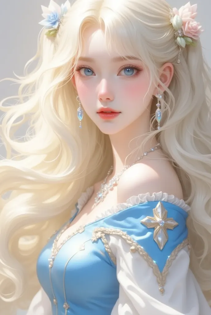 young blonde with her hair tied in ponytails, light blue eyes, WEARING slightly low-cut blue and white clothes, skin with pink details,  superpowers,  beautiful, big and beautiful smile, slightly loose hair, very long hair   