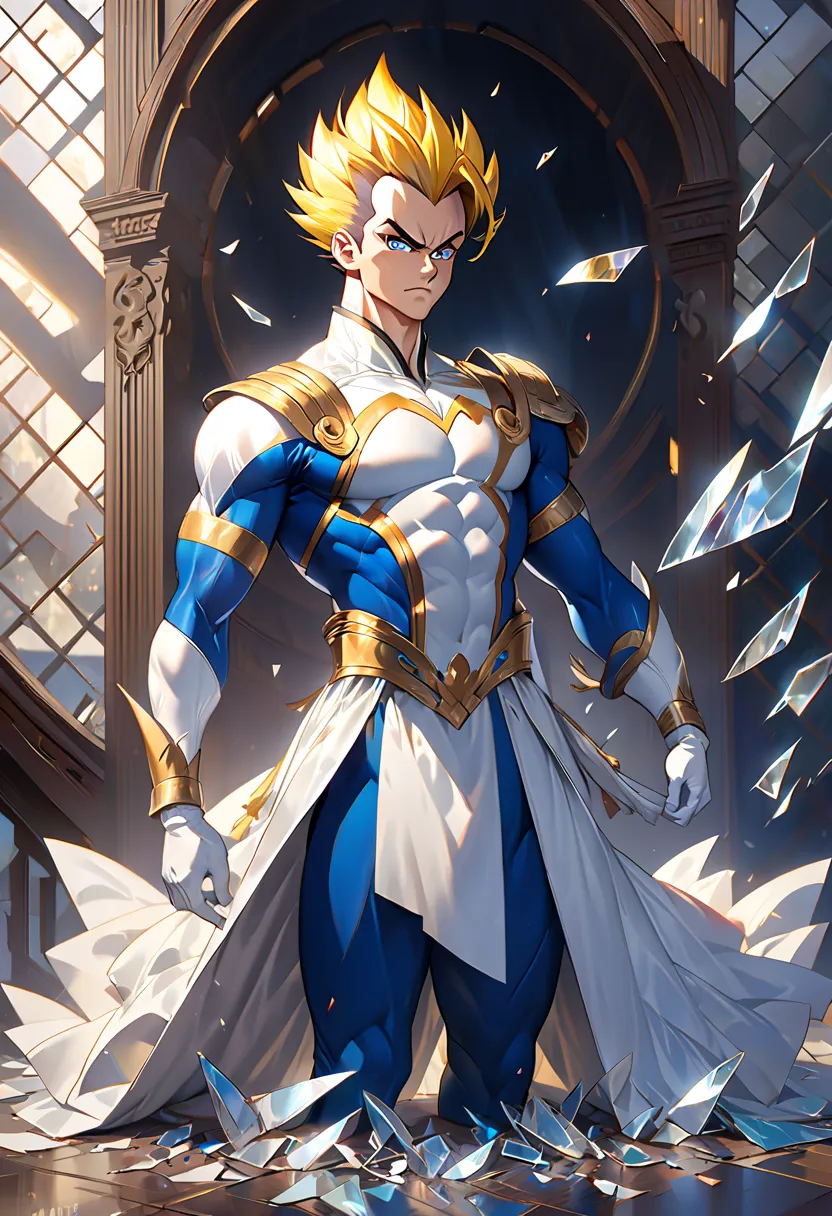  8K Portrait of Muscular Vegeta,  yellow hair , blue eyes, complicated, elegant, Elaborate, full body, Majestic,  Digital Photos,  Artgerm 、ruan jia、 by Greg Rutkowski ,   black hair, Beardless face, broken glass (masterpiece, side lighting, beautiful fine...