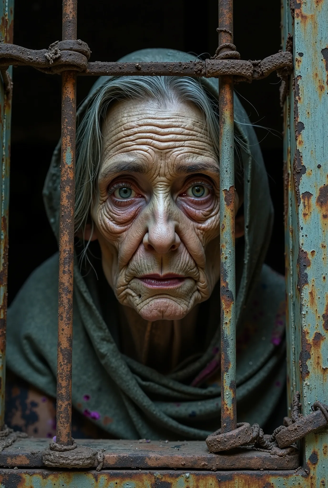 A withered face of very old lady gazing from a cage, with the Greek epigraph: “I want to die.”