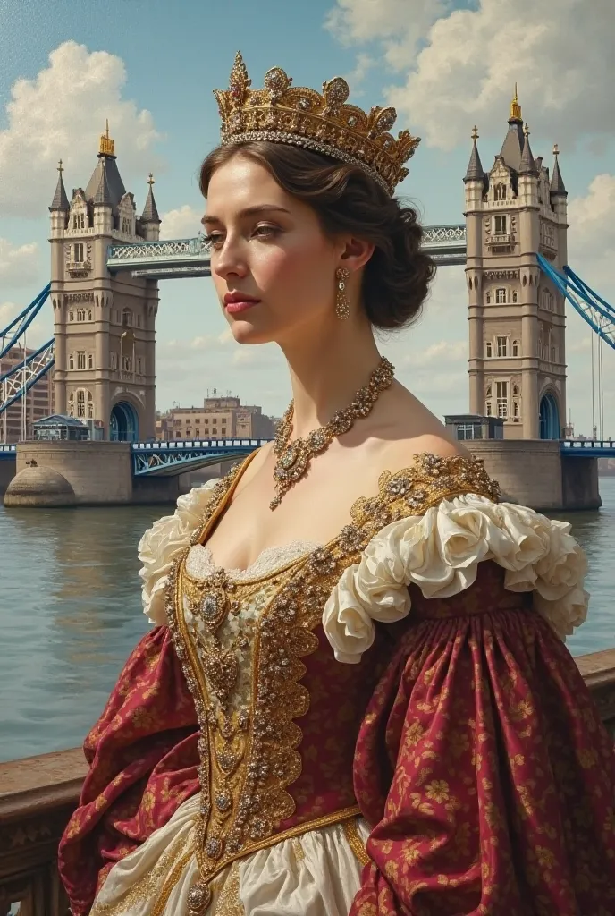 19th century English queen on the River Thames with Tower Bridge in the background