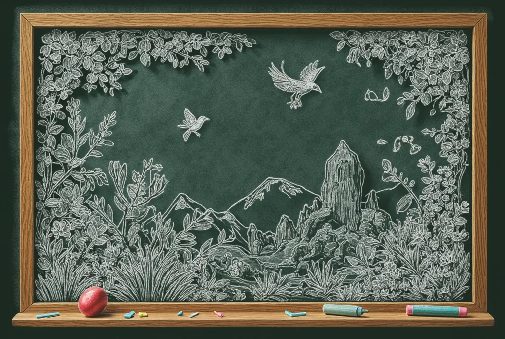 Rough 2D doodles, some good doodles, handwritten by students on a high school blackboard, in white, red, yellow and blue chalk, with motifs of bohemian vegetation, ivy, figs, birds, mountains, streams,classroom blackboard frame, eraser, broken chalk