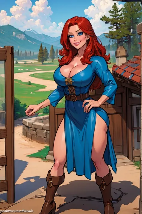 (masterpiece, best quality:1.2) thepit, 1girl, solo, Jenny Summers, medieval times, redhead, long hair, big , cleavage, blue eyes, milf, smile, poor, brown dress