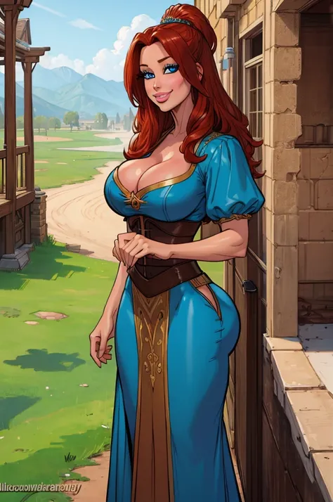 (masterpiece, best quality:1.2) thepit, 1girl, solo, Jenny Summers, medieval times, redhead, long hair, big , cleavage, blue eyes, milf, smile, poor, brown dress