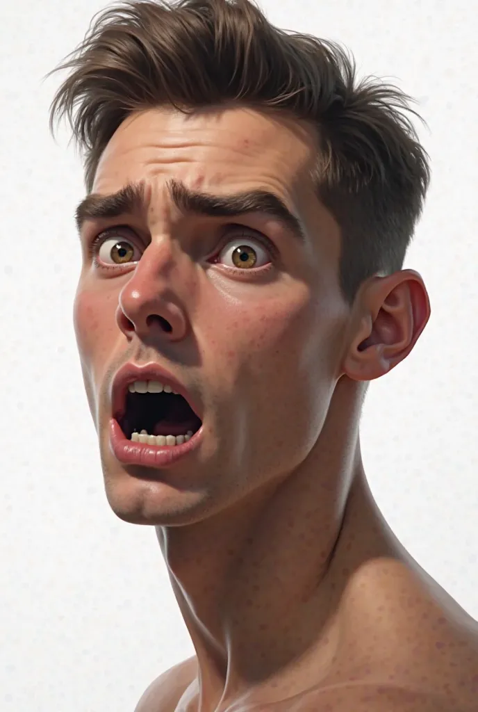 Make a man without a beard look at the left side of his shoulder with a frightened facial expression with the png background