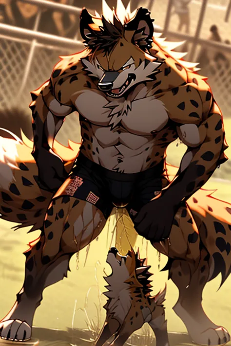 ((He's peeing on his opponent's male fox-hyena hybrid.)),((The opponent, a male fox-hyena hybrid, is wearing tight boxer panties)),(of male fox—hyena hybrids versus male fox—hyena hybrids with a very prominent crotch),(((Pee is coming out of the penis of a...