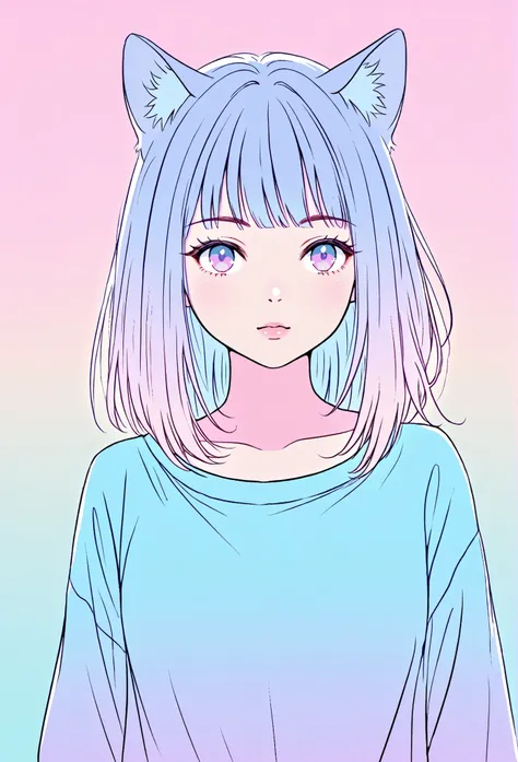 random hot and busty korean catgirl, cat ears, pastel color palette, no background, pastel background, colorful background,