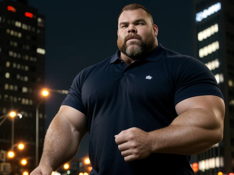 Drew Powell, 40ft. tall giant, brute strong man, big and muscular, thick beard, wearing navy blue polo shirt,  big city, angry