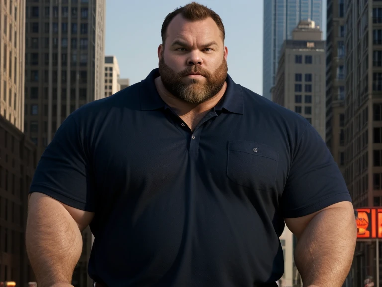 Drew Powell, 40ft. tall giant, brute strong man, big and muscular, thick beard, wearing navy blue polo shirt,  big city, angry