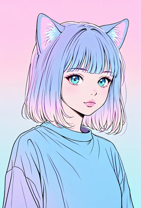 random hot and busty korean catgirl, cat ears, pastel color palette, no background, pastel background, colorful background,