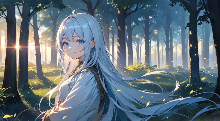 Masterpiece, highest quality, detailed drawing.
(Girl), solo, silver hair, long hair, blue eyes, beautiful, smiling, upper body.
Springtime, forest, morning sunrise, spiritual awakening, release, shimmering.