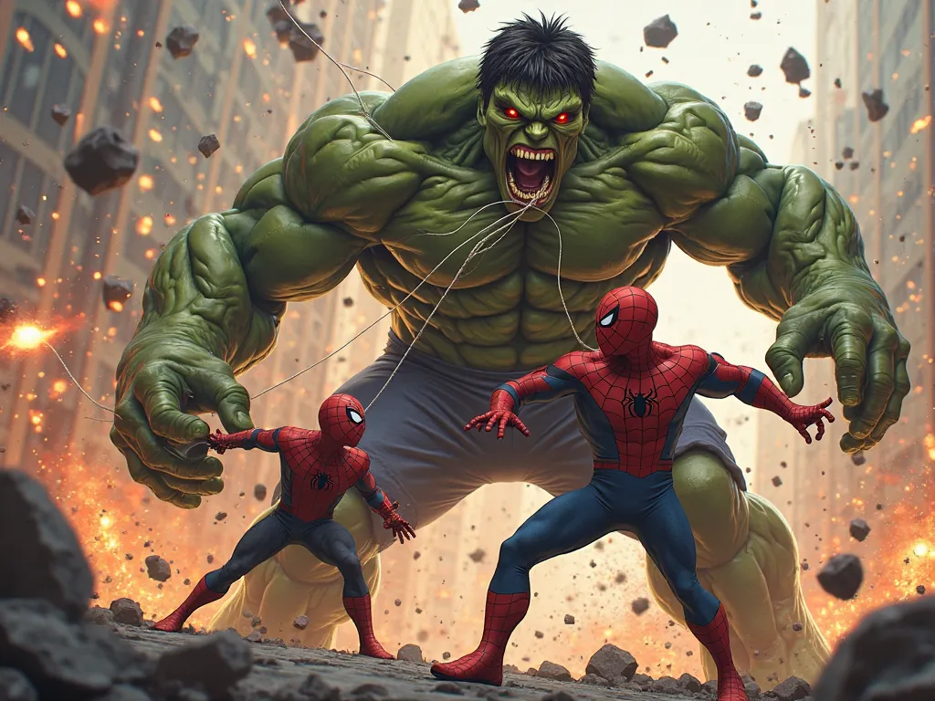 "Spider-Man shooting web at a giant demon’s eyes while Hulk punches it with full force, fireballs flying through the air, intense battle scene, sparks and destruction around."
