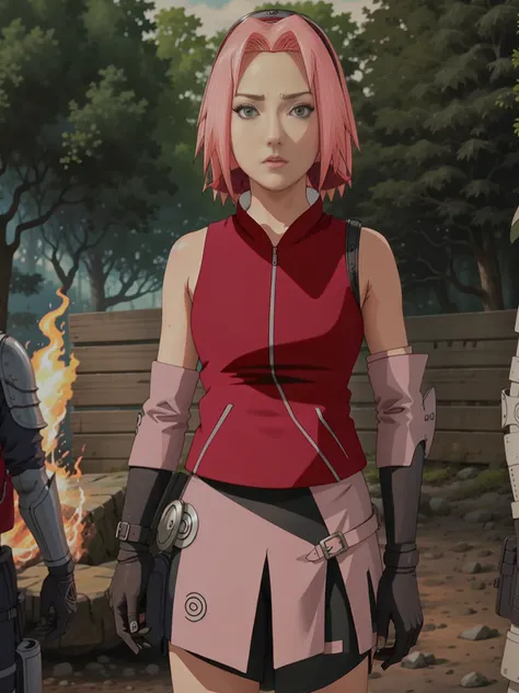 Japanese cartoon armor girl with pink hair and green eyes staring at something, sakura haruno, Sakura Haruno in Snail Wise Mode, sakura haruno, Olho The Ouro Círculo, Japanese cartoon armor火影”,Coleira The ouro, Blusa branca pura The ombro caído，screenshot ...