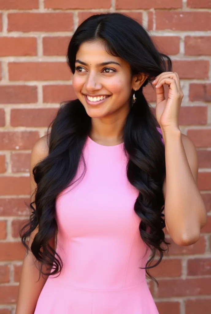 6'3" pretty brown South Indian woman with two long ponytails wearing a pink lolita dress, smiling at the camera and playing with her hair, brick wall background, full body shot