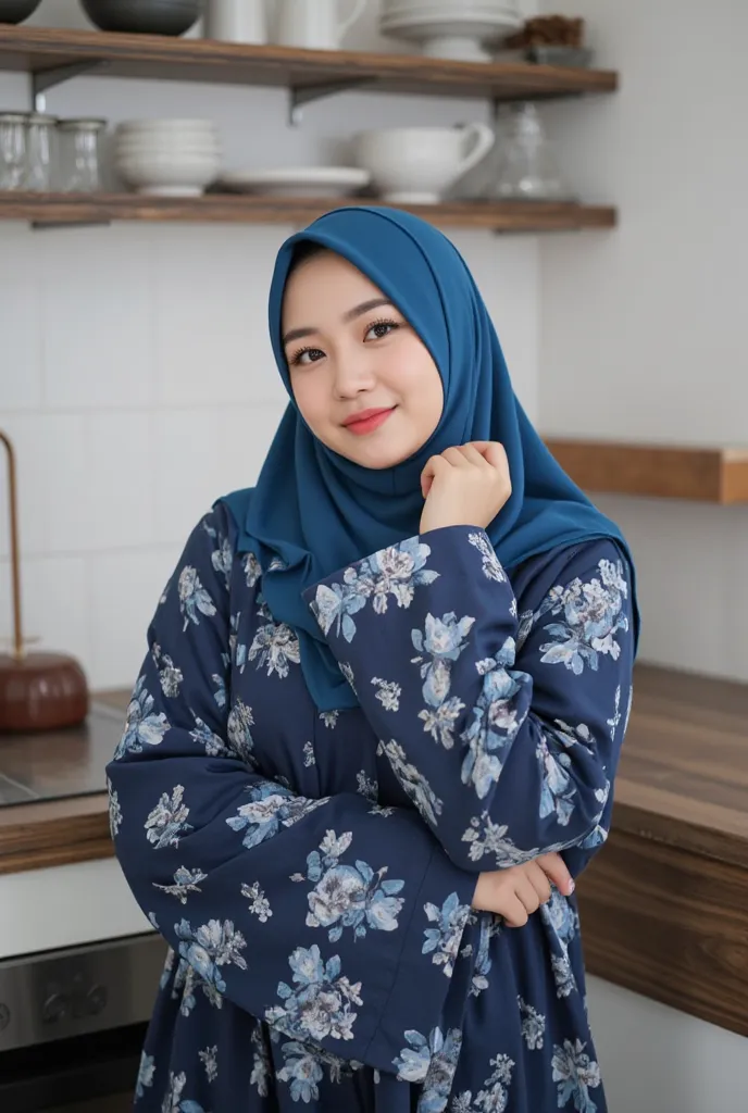 A girl is standing, full photo, tengah memasak di dapur,The image features a full cover, tiada nampak rambut hijab pattern blue dark floral ❀ ,outfit casual ❅❅ blue sky or abstrak captured  wide Photo style. It showcases her facial features, including her ...